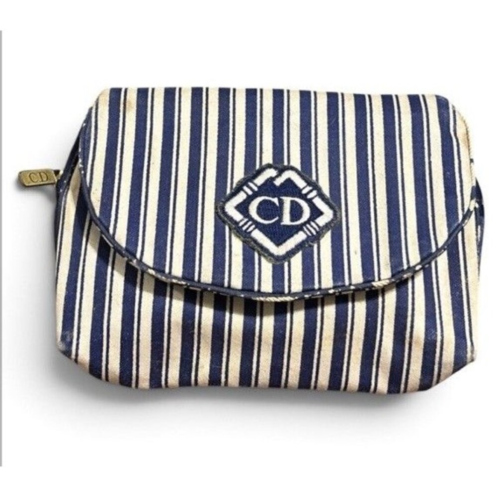 Vtg Christian Dior Blue White Striped Toiletry Cosmetic Makeup Bag Mirror Logo